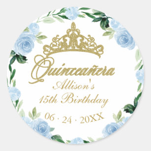 Sticker Rond Couronne de Dieu pour Quinceanera Fleur Bleu Bébé