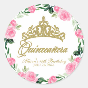 Sticker Rond Couronne de Dieu Quinceanera Fleur Rose Chaud