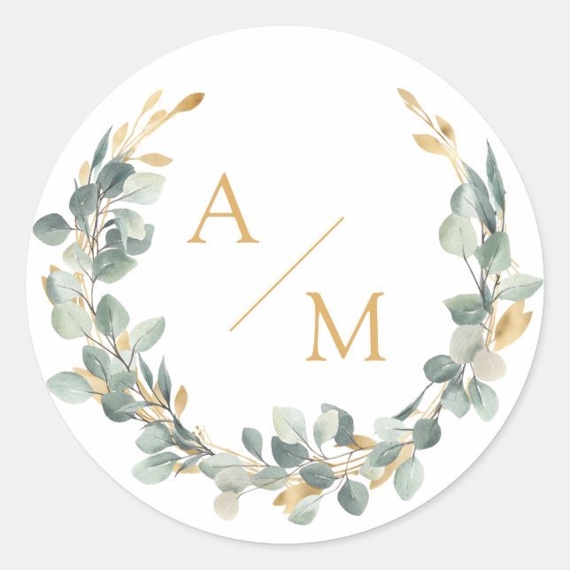Sticker Rond Couronne de eucalyptus élégante avec monogramme (Devant)