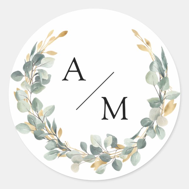 Sticker Rond Couronne de eucalyptus élégante et monogramme  (Devant)
