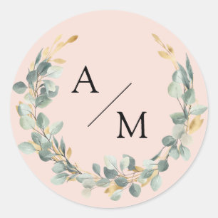 Sticker Rond Couronne de eucalyptus élégante et monogramme 