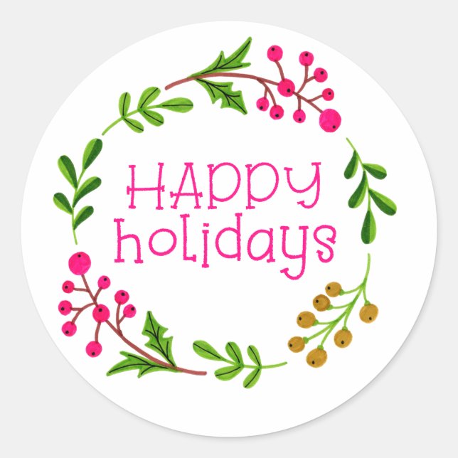 Sticker Rond Couronne de fêtes rose et blanche Joyeuses Fêtes (Devant)