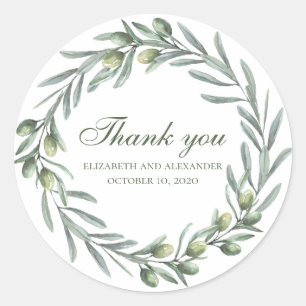 Sticker Rond Couronne de feuilles d'olivier merci. Mariage ital