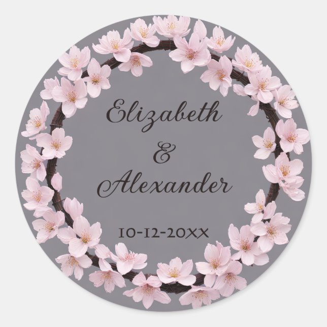 Sticker Rond Couronne de fleurs de cerisier avec noms et date M (Devant)