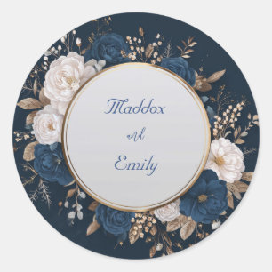 Sticker Rond Couronne de fleurs de mariage luxe Navy or blanc r