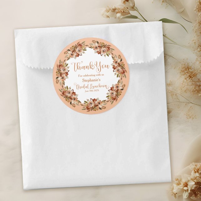 Sticker Rond Couronne de fleurs de pêcher remerciement Bridal L (Thank You Peach Floral Wreath Bridal Luncheon Classic Round Sticker)