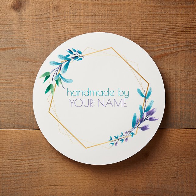 Sticker Rond Couronne de fleurs d'or géométrique "artisanal" (Round white thank you sticker with gold frame and watercolor botanical accents)