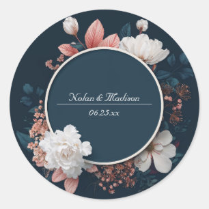 Sticker Rond Couronne de fleurs mariage blanc rosé Navy humeur