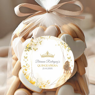 Sticker Rond Couronne de fleurs papillons Tiara jaune doré pour