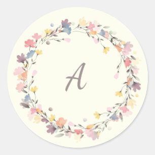 Sticker Rond Couronne de fleurs pastel élégante Monogramme pers