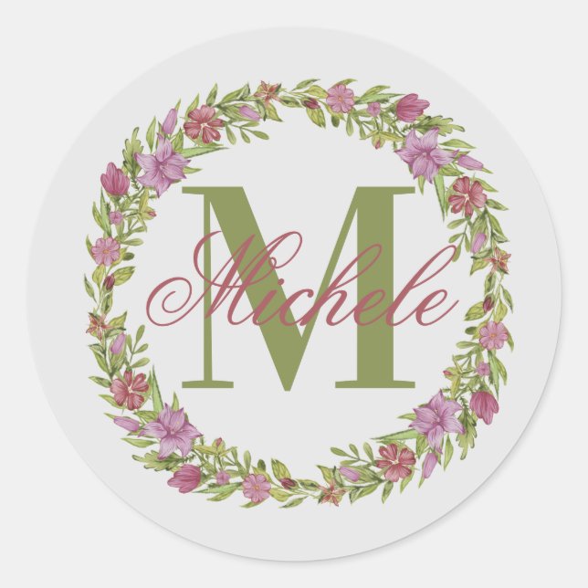 Sticker Rond Couronne de fleurs personnalisée Monogramme du nom (Devant)