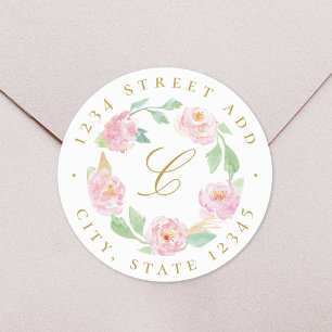 Sticker Rond Couronne de fleurs rose Monogramme Adresse de reto