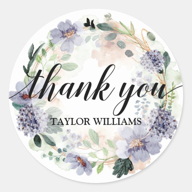 Sticker Rond Couronne de fleurs violettes avec texte de remerci (Devant)
