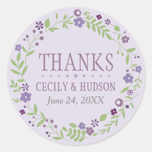 Sticker Rond Couronne de fleurs violettes rustique avec monogra
