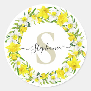 Sticker Rond Couronne de jonquilles blanches jaunes avec monogr