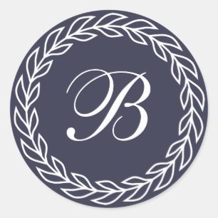 Sticker Rond Couronne de laurier bleu marine avec monogramme pe