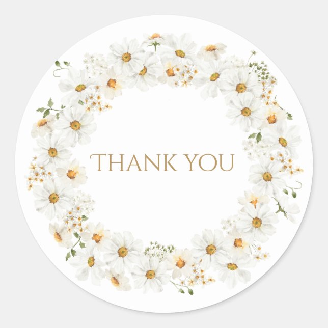 Sticker Rond Couronne de marguerite blanche aquarelle merci (Devant)