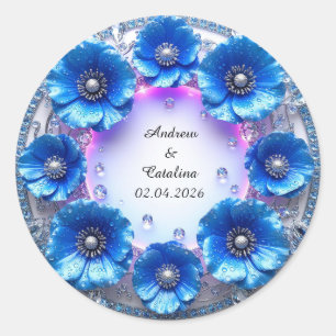 Sticker Rond Couronne de mariage de fleurs bleues scintillantes