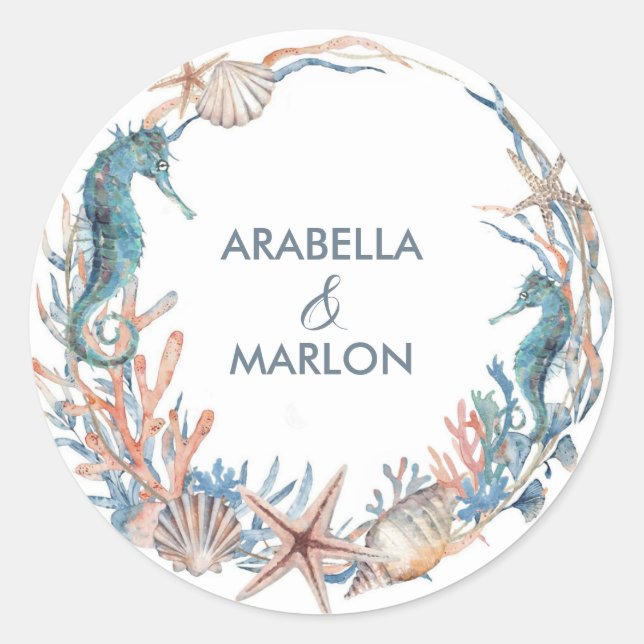 Sticker Rond Couronne de mer | Coquilles d'hippocampe de plage  (Devant)