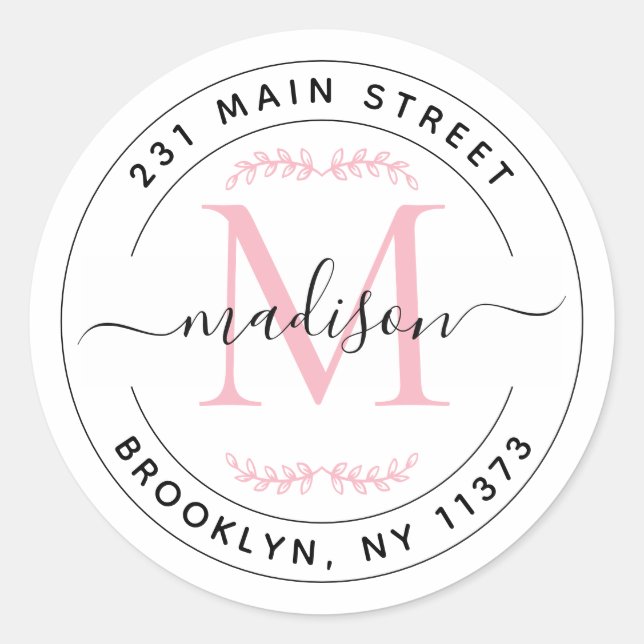 Sticker Rond Couronne de monogramme rose blush élégant Adresse  (Devant)