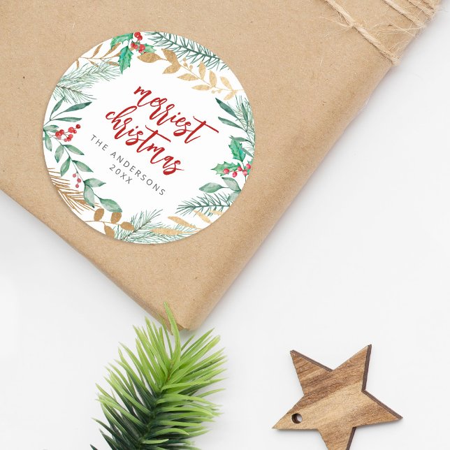 Sticker Rond Couronne de Noël à branches de papier d'or aquarel (Créateur téléchargé)