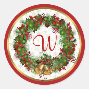 Sticker Rond Couronne de Noël, cloches, monogramme sacré
