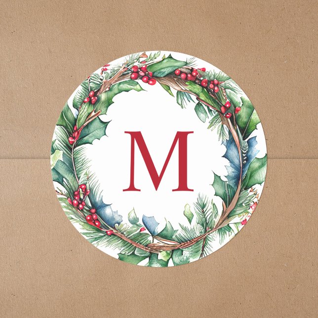 Sticker Rond Couronne de Noël élégante à monogramme rouge initi (Créateur téléchargé)