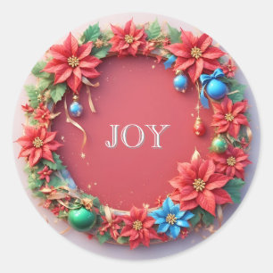 Sticker Rond Couronne de Noël festive avec poinsettias rouges