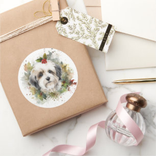 Sticker Rond Couronne de Noël festive du chien Havanais