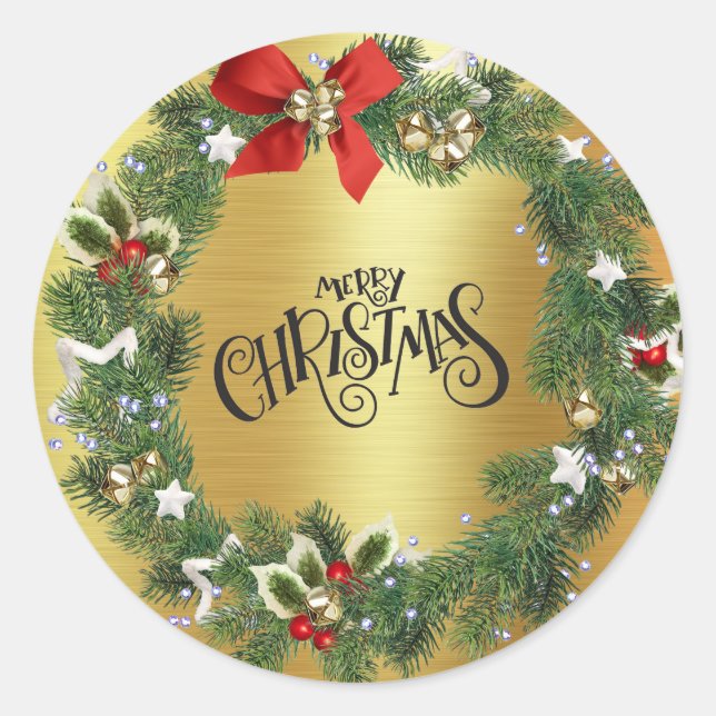 Sticker Rond Couronne de Noël - Huile d'or - Joyeux Noël (Devant)