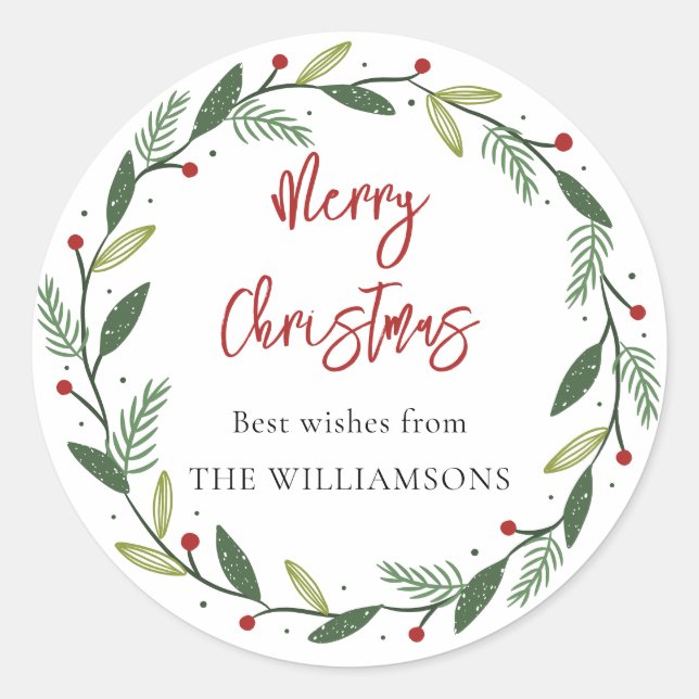 Sticker Rond Couronne de Noël Joyeux Noël Écriture Manuscrite (Devant)