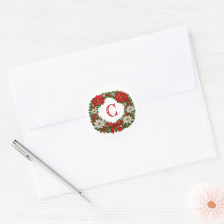 Sticker Rond Couronne de Noël traditionnelle avec monogramme de