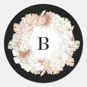 Sticker Rond Couronne de Pampas Onyx Noir Élégant Monogramme Pr