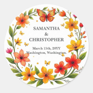 Sticker Rond Couronne de papillons floraux Mariage Texte person