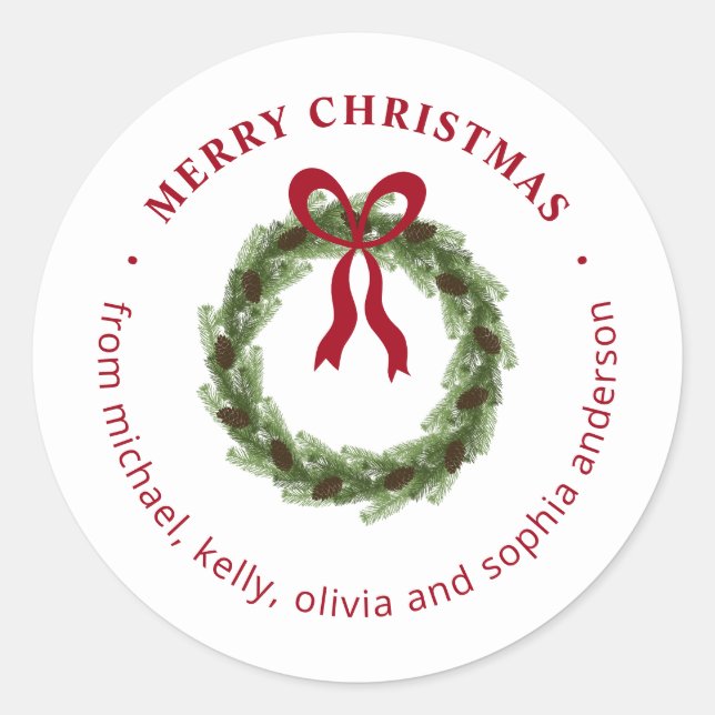 Sticker Rond Couronne de pin avec nœud rouge Joyeux Noël (Devant)