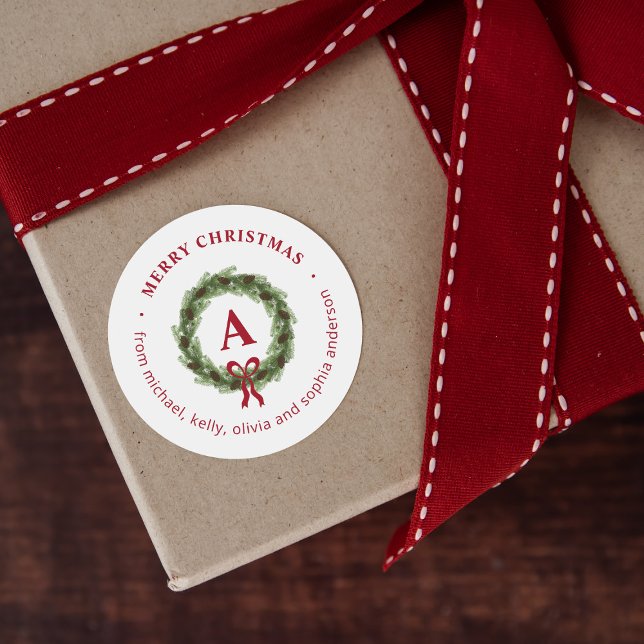 Sticker Rond Couronne de pin Monogramme Joyeux Noël (Créateur téléchargé)