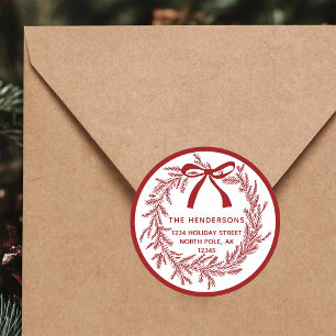 Sticker Rond Couronne de pin simple rouge pour Noël Adresse de