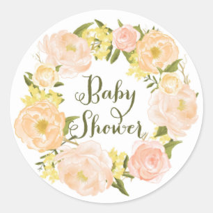 Sticker Rond Couronne de pivoines aquarelle pêche Baby Shower