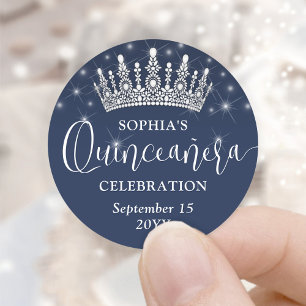 Sticker Rond Couronne de Quinceañera Élégantes Étincelles Bleu 