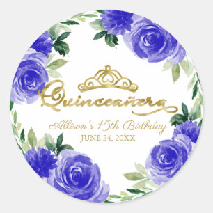 Sticker Rond Couronne de Quinceanera en or floral bleu royal