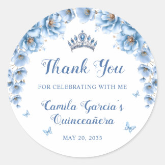 Sticker Rond Couronne de Quinceañera Fleurie Fantaisiste Bleu P