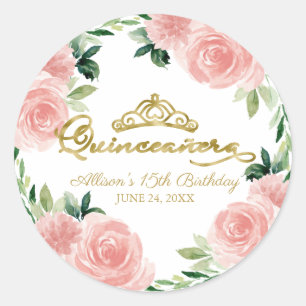 Sticker Rond Couronne de Quinceanera Or Tiare Rose Pâle Florale