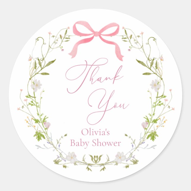Sticker Rond Couronne de ruban rose de fleur sauvage Merci (Devant)