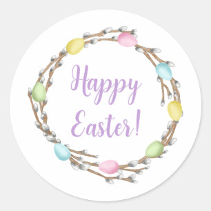 Sticker Rond Couronne de saule pastel Joyeuses Pâques colorées