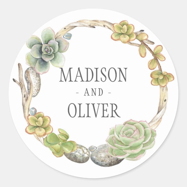 Sticker Rond Couronne de succulents, de brindilles et de pierre (Devant)