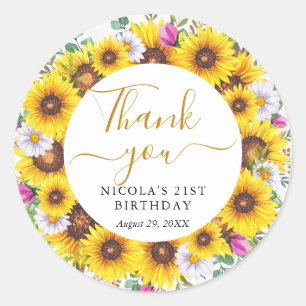 Sticker Rond Couronne de tournesols à l'aquarelle pour annivers