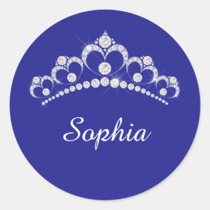 Sticker Rond Couronne diamant blanc, Nom du script, Bleu profon