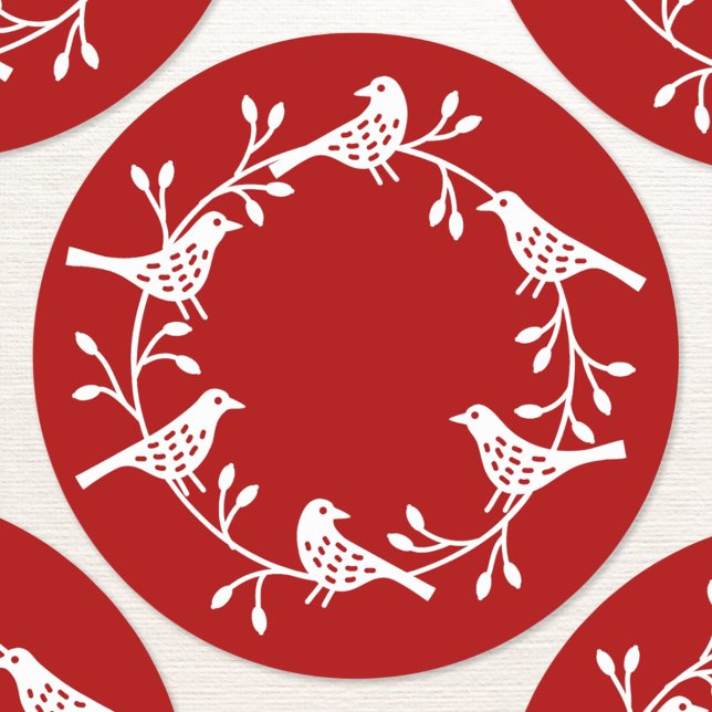 Sticker Rond Couronne d'oiseaux Style scandinave moderne (Scandinavian style red and white bird wreath sticker)