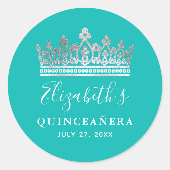 Sticker Rond Couronne Elégante Bleu Turquoise et Argent pour Qu (Devant)