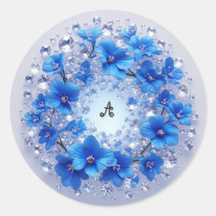 Sticker Rond Couronne Élégante Ornée de Fleurs Bleues